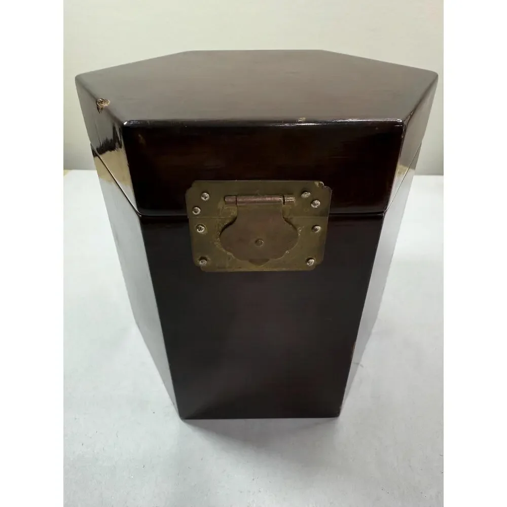Vintage Chinese Hexagonal Lacquer Wood Boxes Set of 2, Brass Hardware, Green